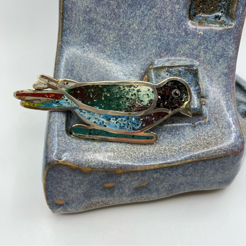 Vintage Natural Stone/Enamel Pretty Bird Mosaic Brooch Alpaca Silver